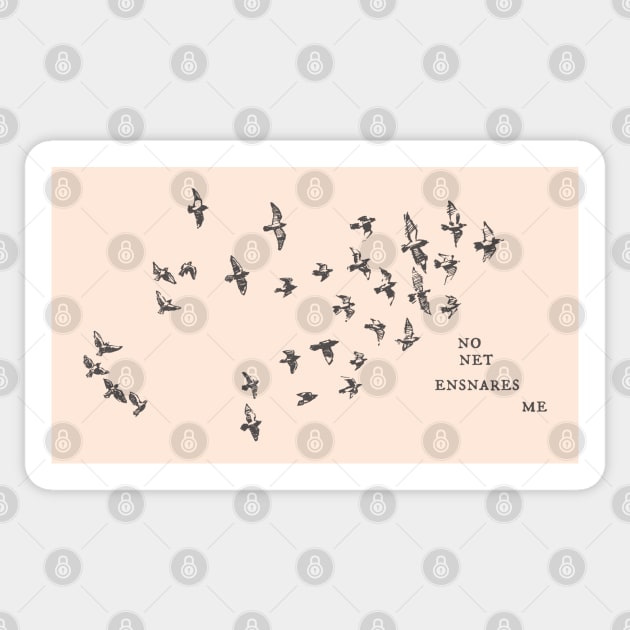 "No net ensnares me" + flock of birds - Jane Eyre quote, Charlotte Bronte (pale pink background) Sticker by Ofeefee